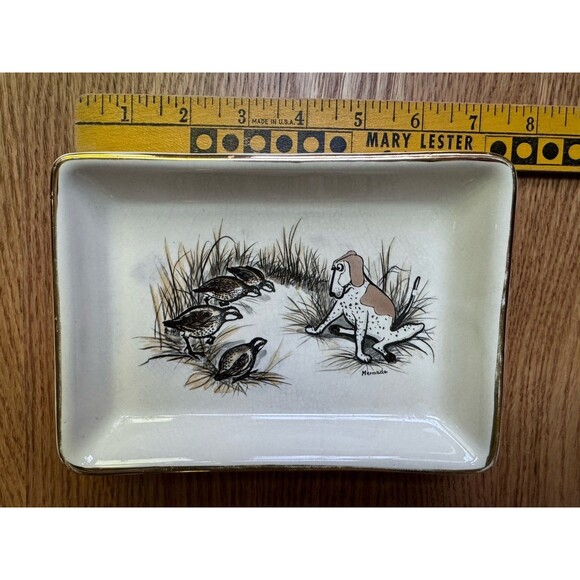 Delano Studio Gold Rimmed Tray Plate Dog Ducks 1962 Hand Colored Mermade VTG 60s - Picture 3 of 5